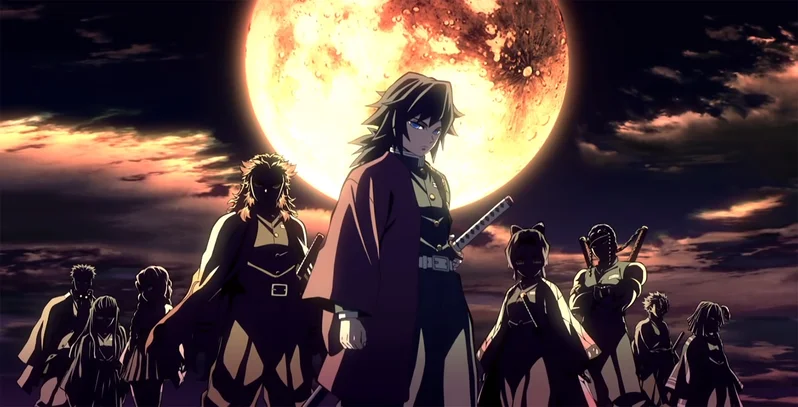 Demon Slayer characters under a full moon