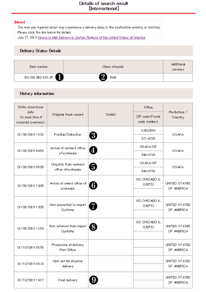 일본 우편 추적 검색 결과