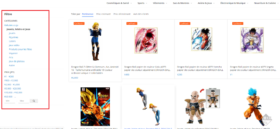 Résultats de recherche et filtres d'articles sur Rakuten Japan