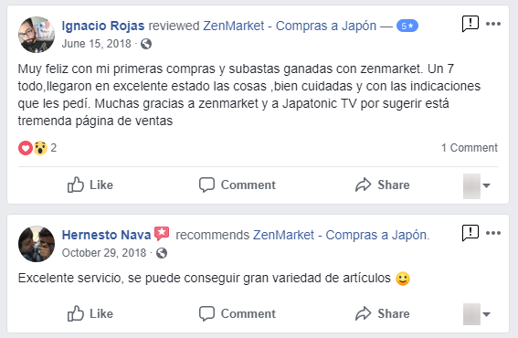 Comentarios en Facebook de clientes que confian en ZenMarket