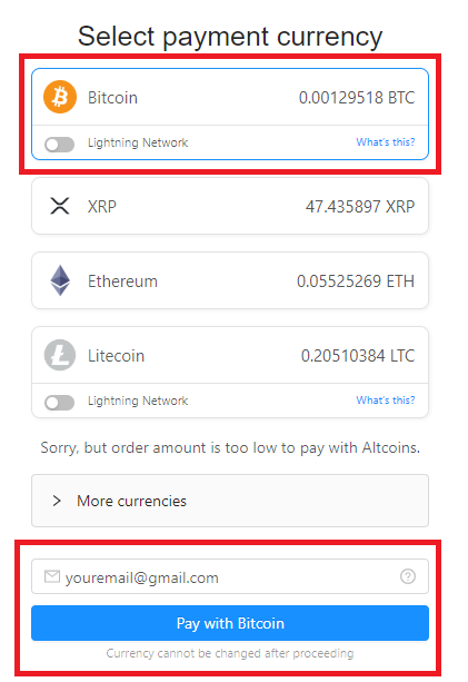 ZenMarket - выбор валюты на coingate