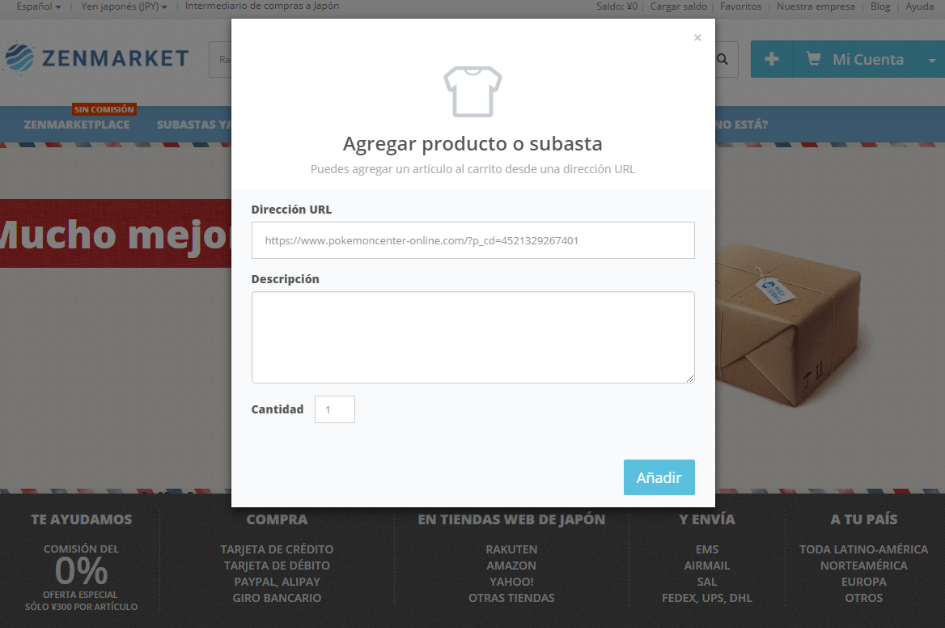 Comprar producto en ZenMarket agregando detalles de la compra