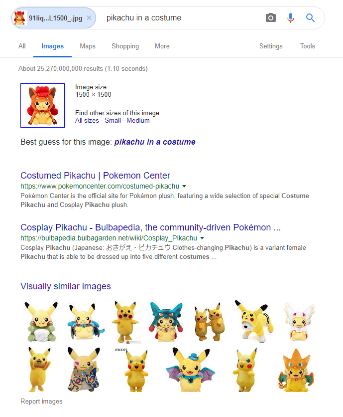 Finding Pikachu Plush to buy with Google Image Search