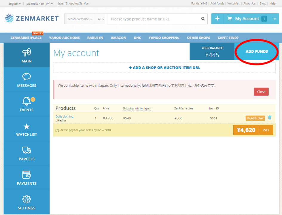 Aggiungi fondi al tuo account ZenMarket