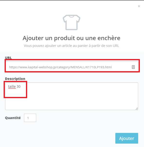 Fenêtre pop-up de confirmation pour ajouter un article Kapital au panier ZenMarket
