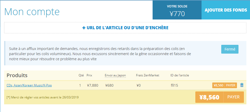 Interface panier d'achat sur ZenMarket
