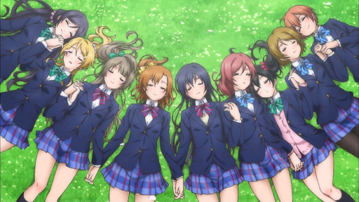Love Live! girls lying down on a field