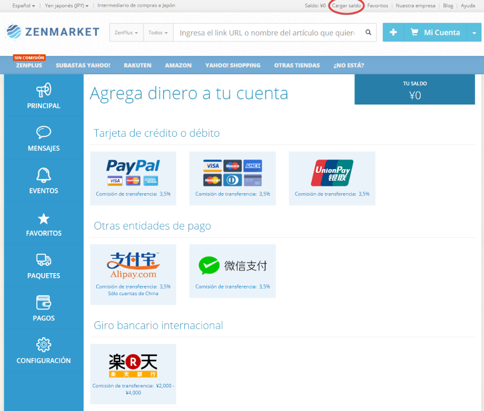 cargar saldo a zenmarket