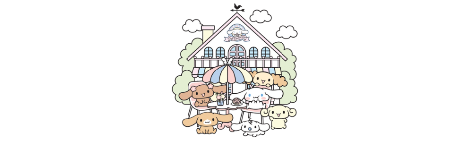 cinnamoroll sat on a chair infront of his cafe