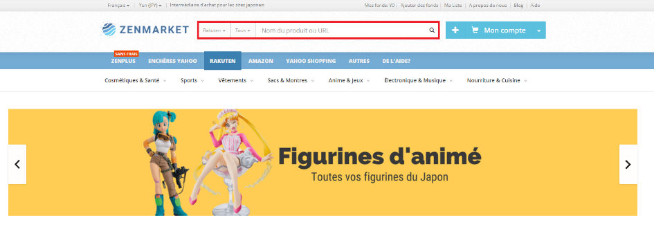 Barre de recherche et sélection du site Rakuten sur ZenMarket