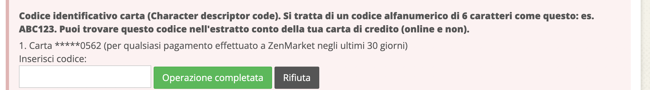 Entra codice per confermare la tua carta