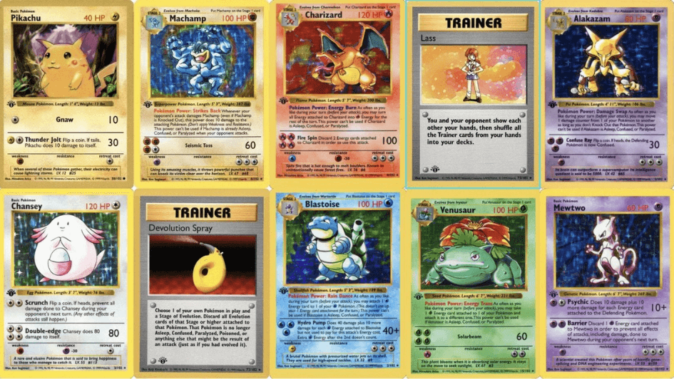 A close-up of various rare Pokemon trading cards.