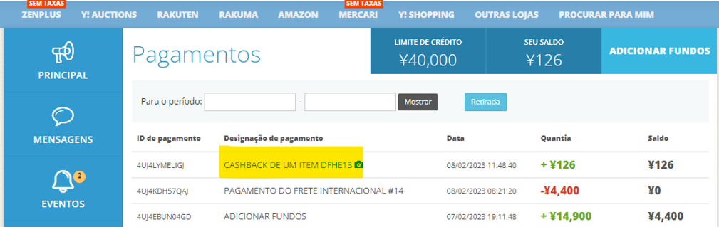 screenshot de cashback na conta ZenMarket