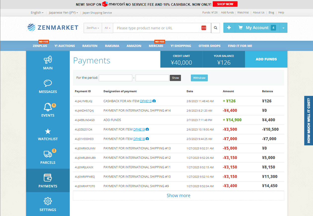 screenshot of cashback in ZenMarket account