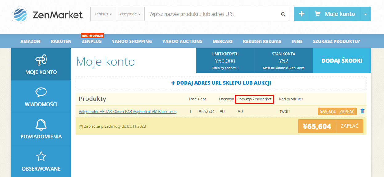 Screenshot konta ZenMarket