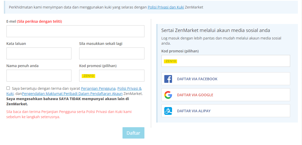 Borang Pendaftaran ZenMarket dengan kod promosi ZEN10