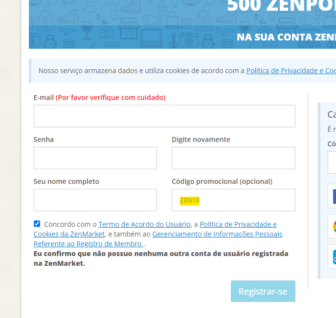 Formul&aacute;rio de Cadastro na ZenMarket com o c&oacute;digo promocional ZEN10