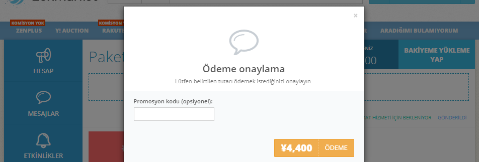 ZenMarket paketi i&ccedil;in g&ouml;nderim diyaloğu ve promosyon kodu girişi