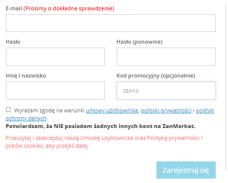 ZenMarket Formularz rejestracji z kodem promocyjnym ZEN10