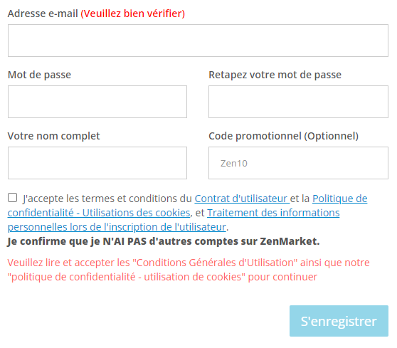 Cr&eacute;ation de compte ZenMarket avec le code promotionnel Zen10